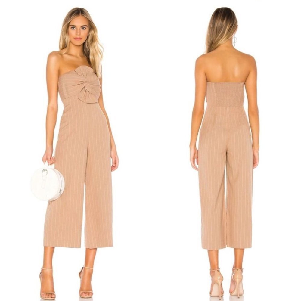 Tularosa / Sadie Bow Linen Cotton Blend Striped Khaki Jumpsuit Xxs